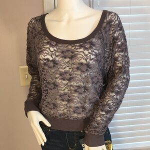 Dolled Up Gray Purple Floral Long Sleeves Blouse Size M Ripped Neck Cuffs Hem